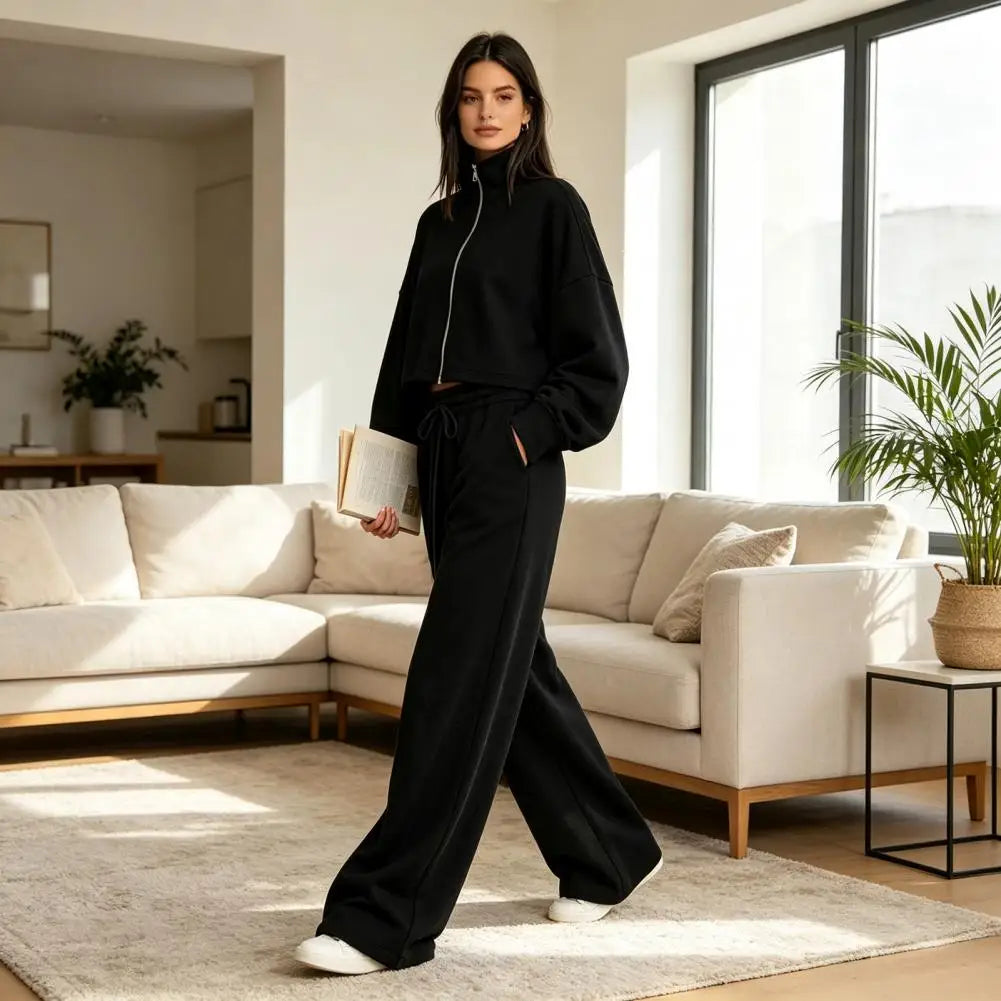 Drawstring Pants Women’S Fall Jacket Pants Set Stand Collar Zip-Up Outerwear Drawstring Wide Leg Two-Piece Suit for Ladies Two