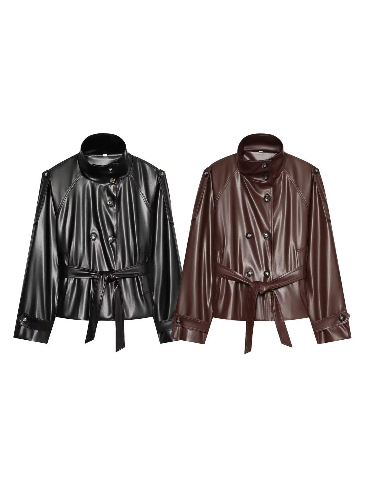 Fall New Arrival Women'S High Collar Long Sleeve Double Breasted Belted Short Length Coat French Style Loose Fit Polyester
