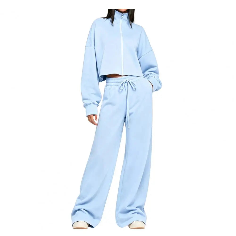 Drawstring Pants Women’S Fall Jacket Pants Set Stand Collar Zip-Up Outerwear Drawstring Wide Leg Two-Piece Suit for Ladies Two
