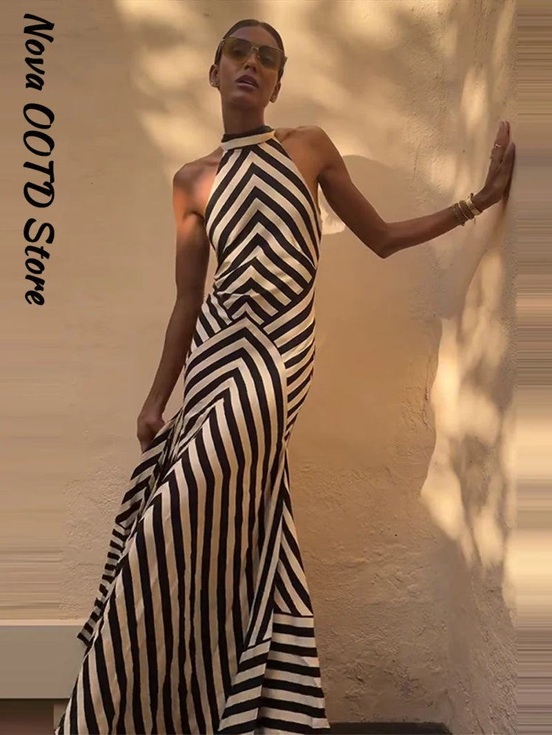 Backless Stripe Summer Dress Women Sleeveless Halter Long Casual Dresses Lady New Fashion Vacation Party Evening Robe 2026