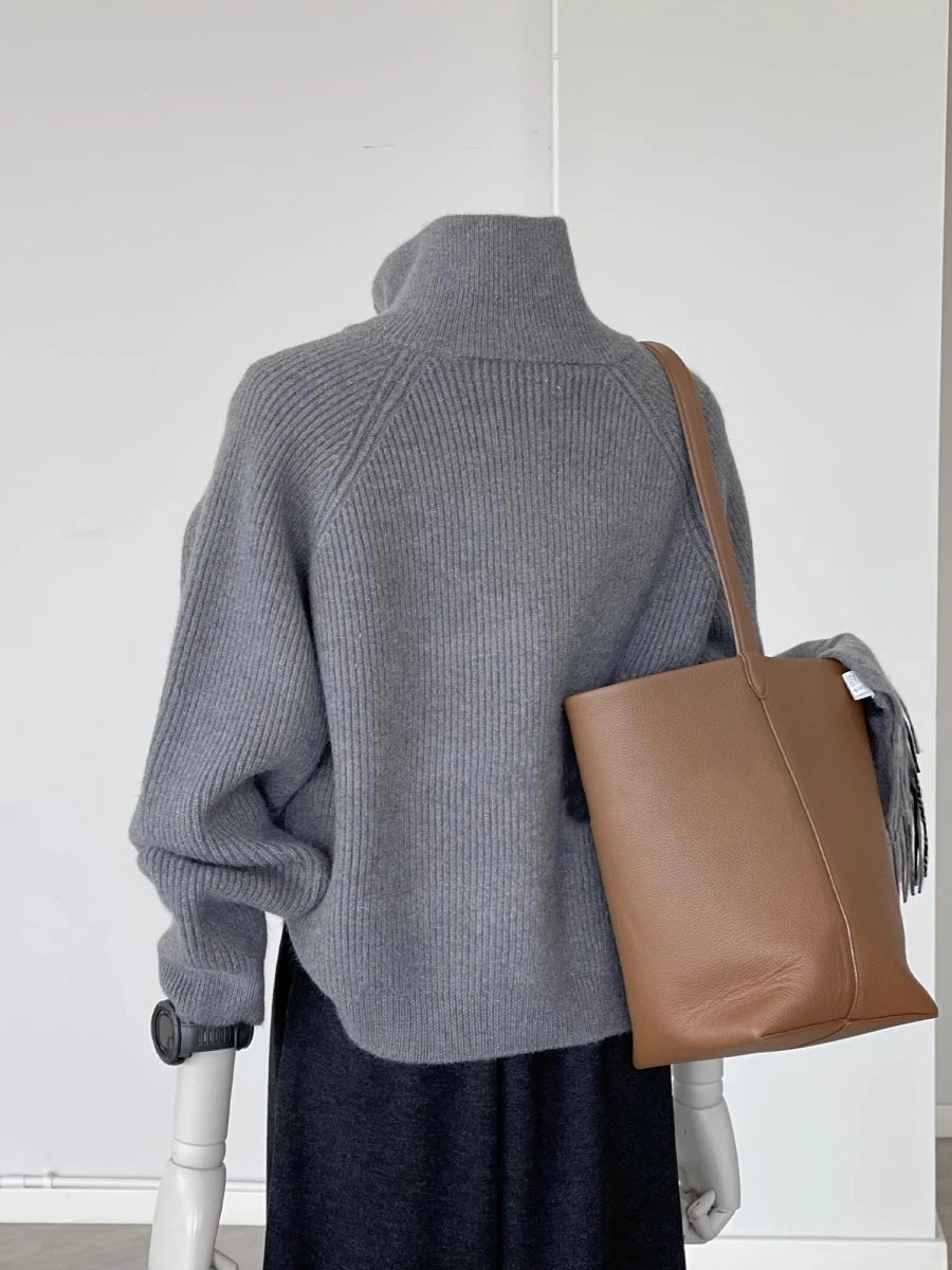 Double Zipper Gray Turtleneck Knitted Cardigan Women'S Autumn and Winter New Loose Lazy Wind Sweater Jacket Thickened Top
