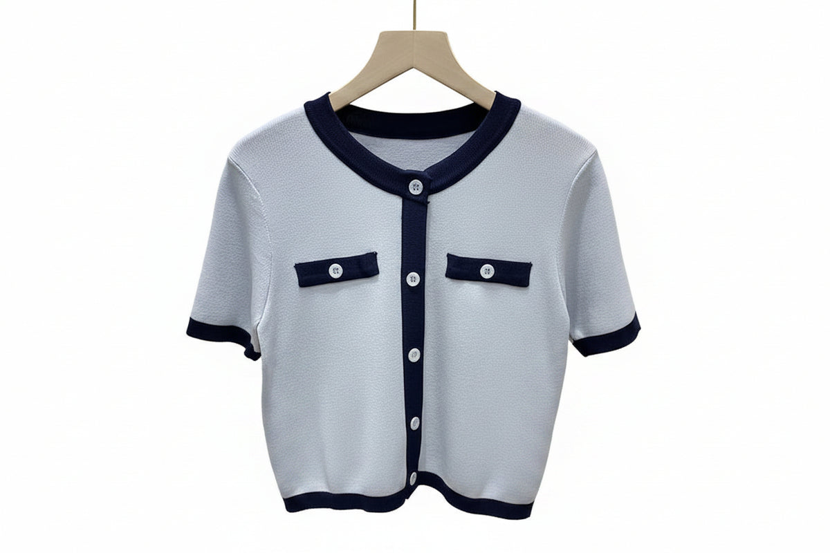 Loose Ice Silk Short Sleeve T-Shirt Women'S Summer New Style Small Fragrance Knitted Shirt round Neck Color Block Commute Style