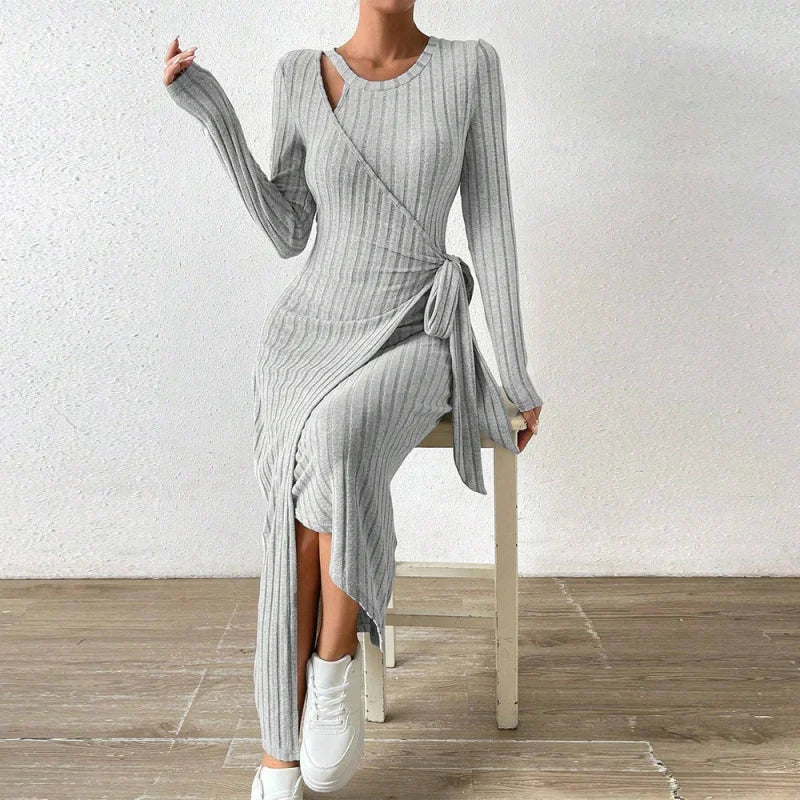 2026Spring and Summer Women'S Popular Knitted Gray Dress with an Asymmetrical Long Skirt