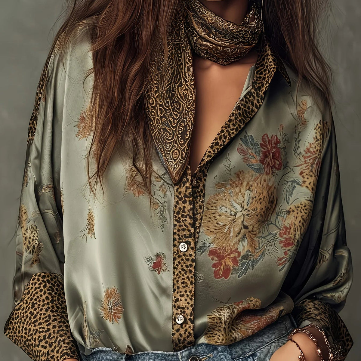Elegant Women'S Blouse Leopard Printed Floral Vintage Casual Single Breasted Satin Casual Chic Ethnic plus Size Blouse Tops