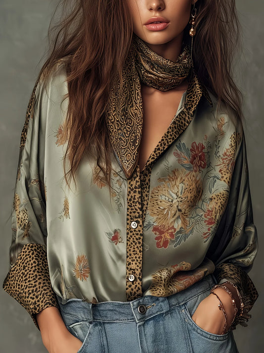 Elegant Women'S Blouse Leopard Printed Floral Vintage Casual Single Breasted Satin Casual Chic Ethnic plus Size Blouse Tops