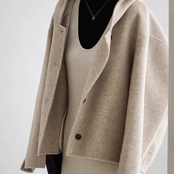 2026 New Style Khaki Color Hooded Woolen Jacket Women Autumn Winter Style Short Length Double-Sided Woolen Coat New Style