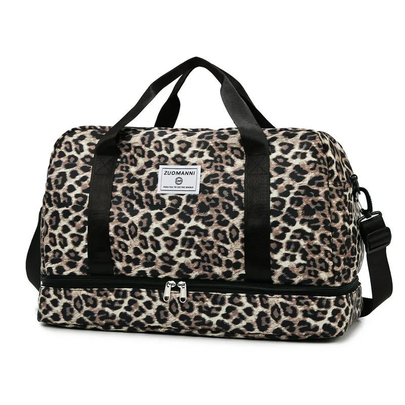Leopard Printing Travel Bag Large Capacity Sports Gym Bag with Independent Shoe Compartment Weekend Overnight Duffel Bag