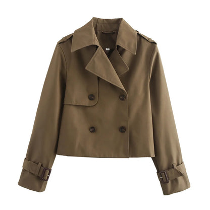 Ladies Vintage Cropped Trench Spring Autumn Jacket Women Streetwear Double Breasted Long Sleeve Top Female Chic Coat Outfits