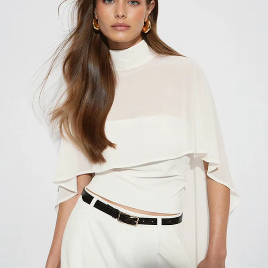 Elegant Women Layered 2 Piece Chiffon Cape Top High Neck Back Cut Out Sheer Flowy Cloak Sleeve Slim Cropped Top Daily Night Wear