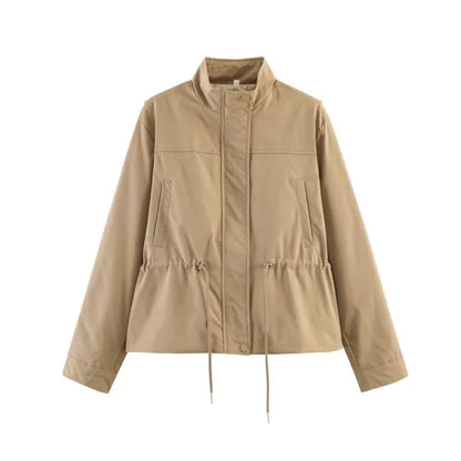 Women'S Jackets Autumn New Fashion Stand Neck Long Sleeve Drawstring Waist Coats Causal Female Simple Outerwear Chic Top