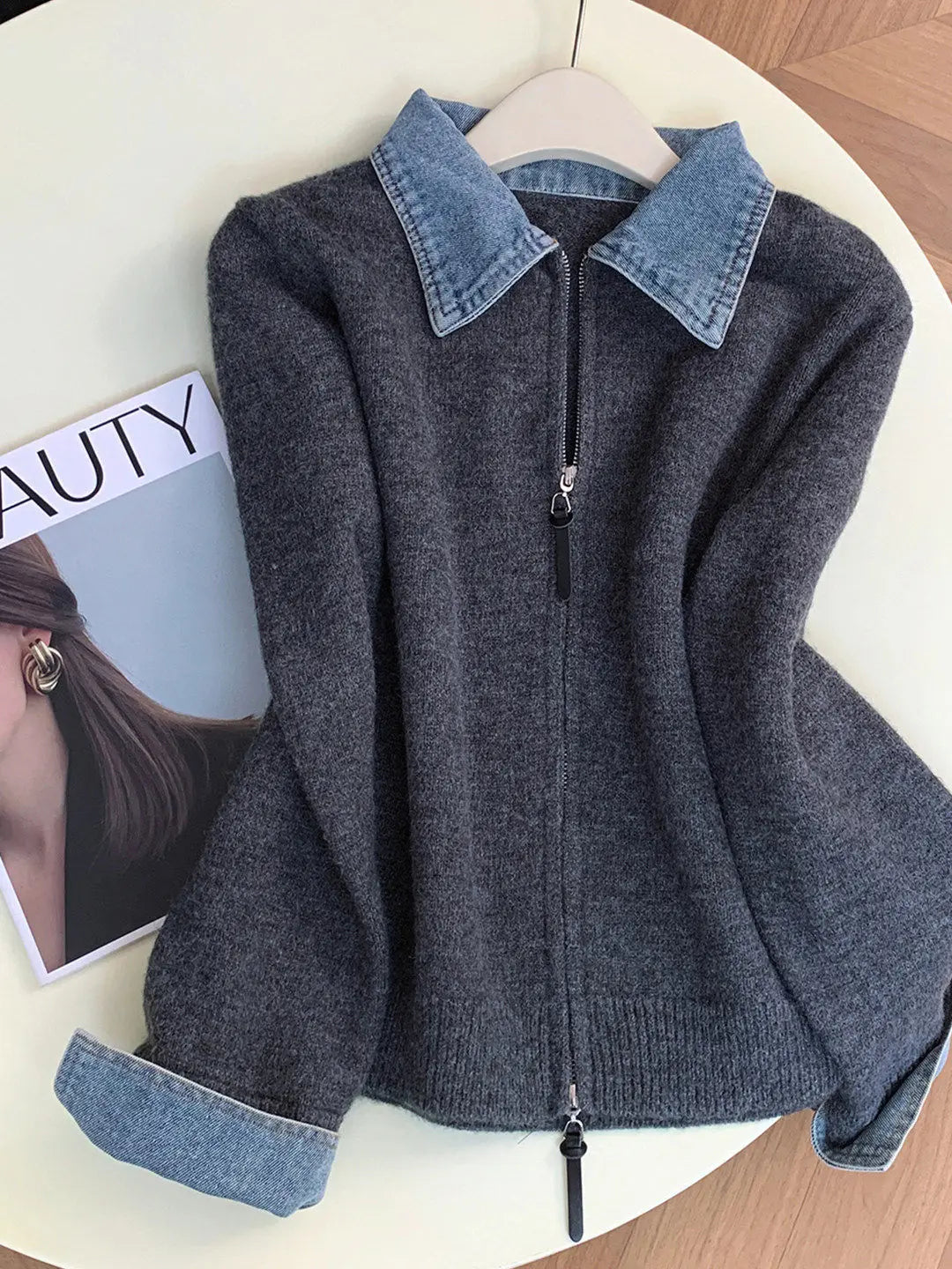Lapel Collar Long Sleeve Denim Patchwork Cardigan Women Double Zipper Knit Sweater Coat Fake Two-Piece Sweater Fall Winter