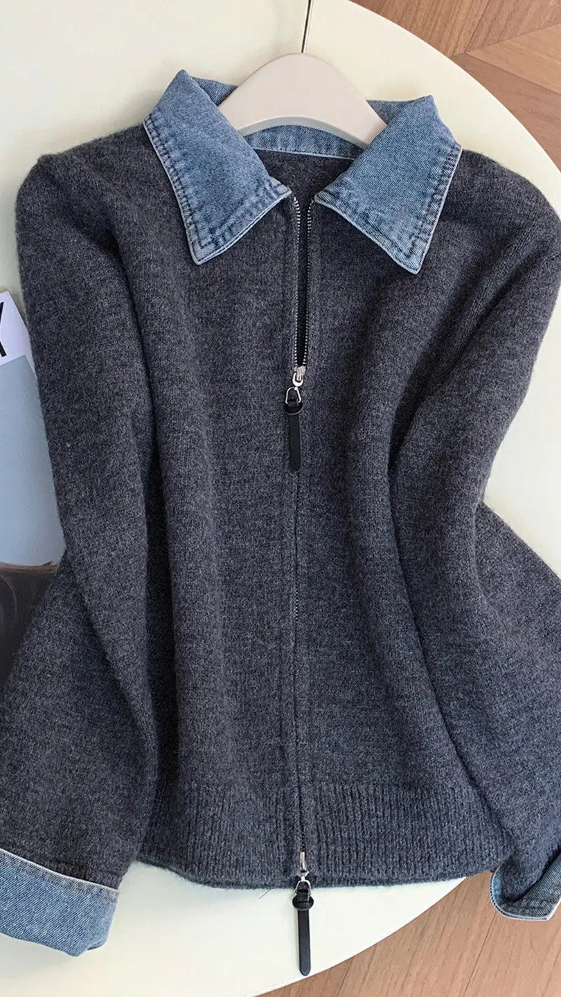 Lapel Collar Long Sleeve Denim Patchwork Cardigan Women Double Zipper Knit Sweater Coat Fake Two-Piece Sweater Fall Winter