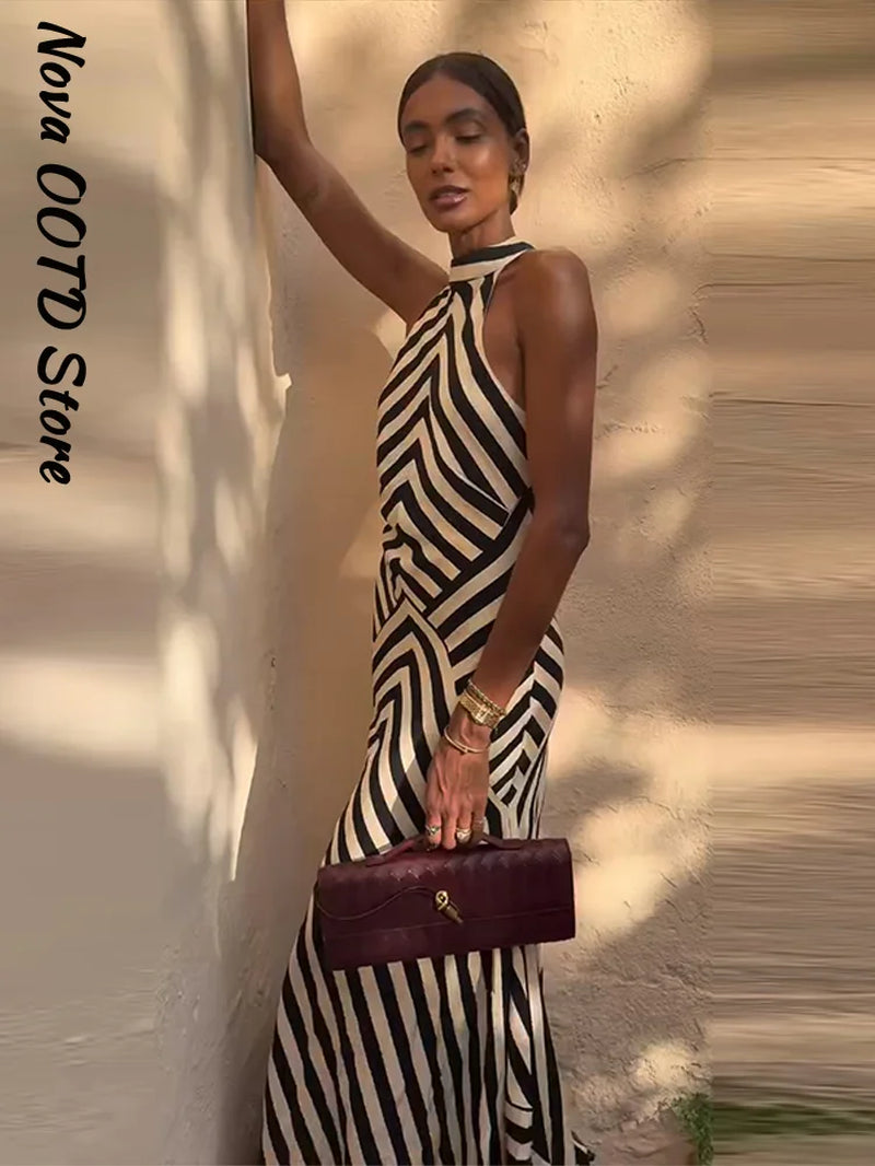 Backless Stripe Summer Dress Women Sleeveless Halter Long Casual Dresses Lady New Fashion Vacation Party Evening Robe 2026