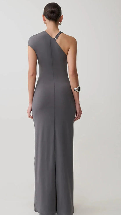 Sexy One Shoulder High Slit Women Maxi Dress Sleeveless Metal Button Dress Autumn Slim Elegant Party Club Dress 2026
