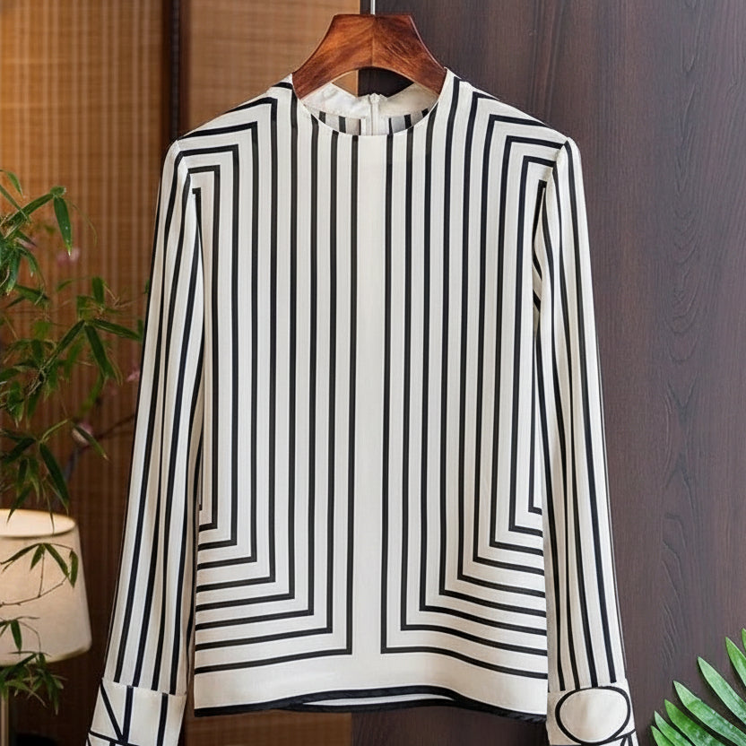Silk Stripe Women'S Blouses Summer 2023 Geometric Print Long Sleeves Shirts Loose Korean O-Neck New Casual Top