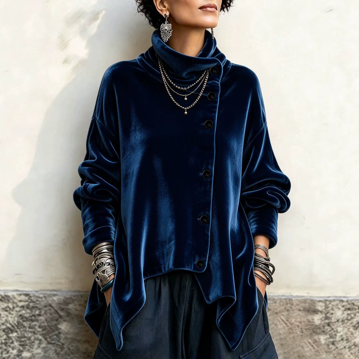 Women Velvet Irregular Hem Jackets High Neck Long Sleeve Button down Loose Coats Casual Fall Winter Vintage Streetwear Outerwear