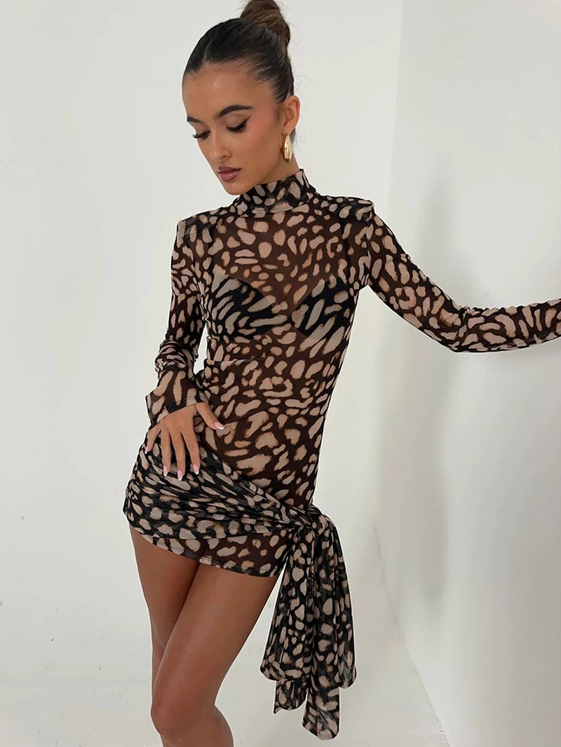 Turtleneck Sexy Sheer Print Leopard Bandage Women Dress Long Sleeve Mini Dress Lady Spring Slim Elegant Party Club Dress