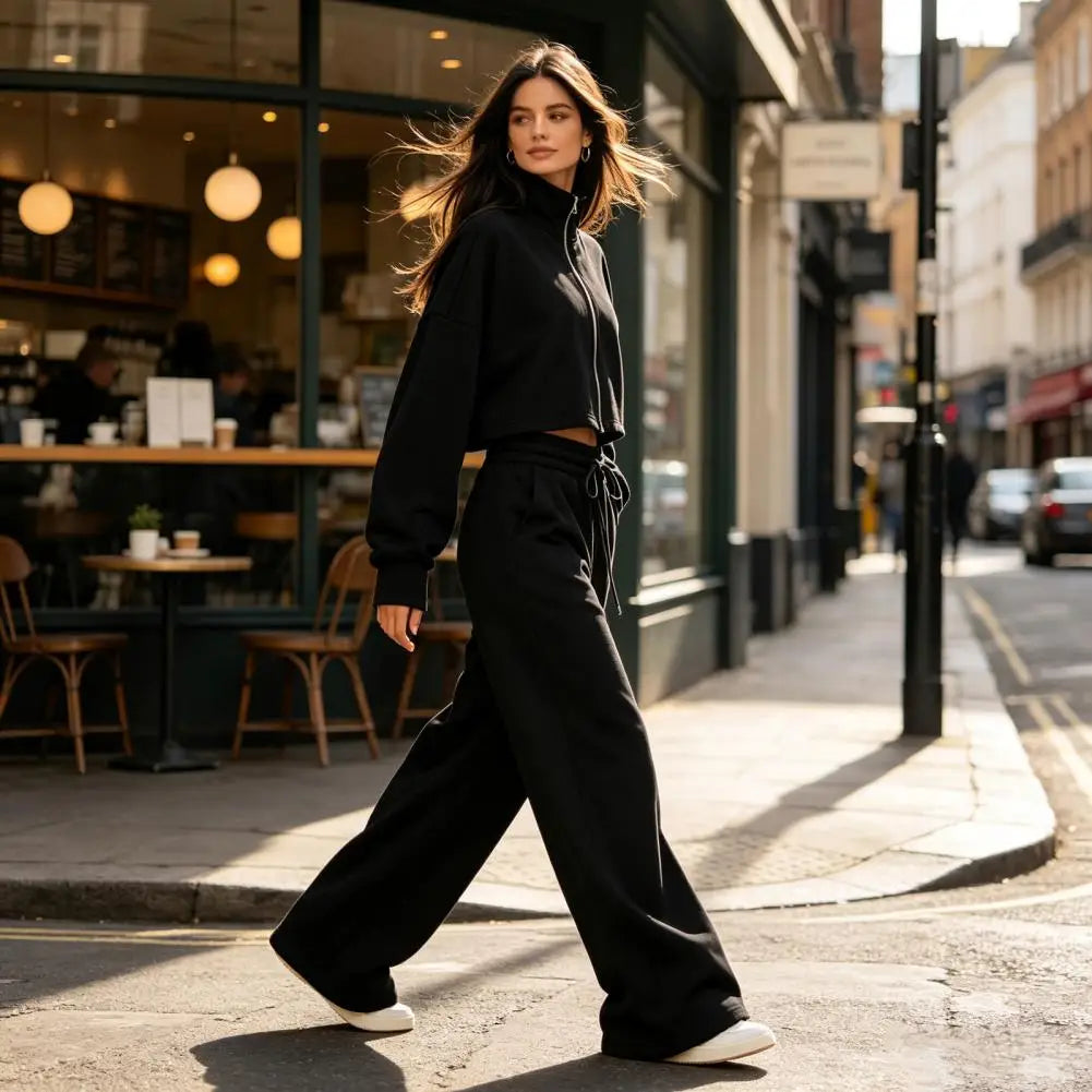 Drawstring Pants Women’S Fall Jacket Pants Set Stand Collar Zip-Up Outerwear Drawstring Wide Leg Two-Piece Suit for Ladies Two