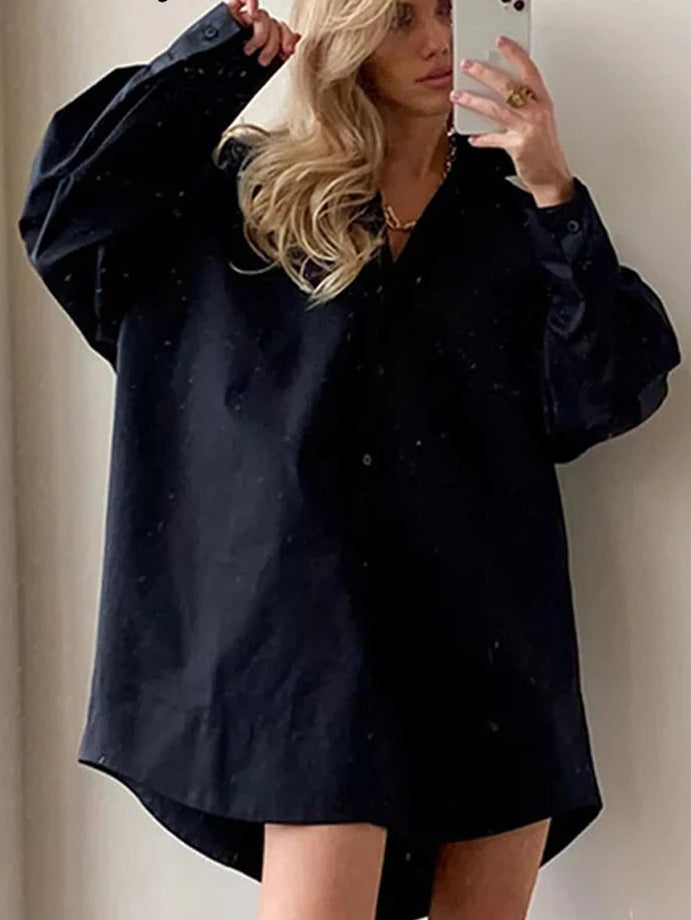 Autumn 2025 Minimalist Women'S White Long Shirt Oversize Full Sleeve Patchwork Button-Up Work Blouse Female Clothing