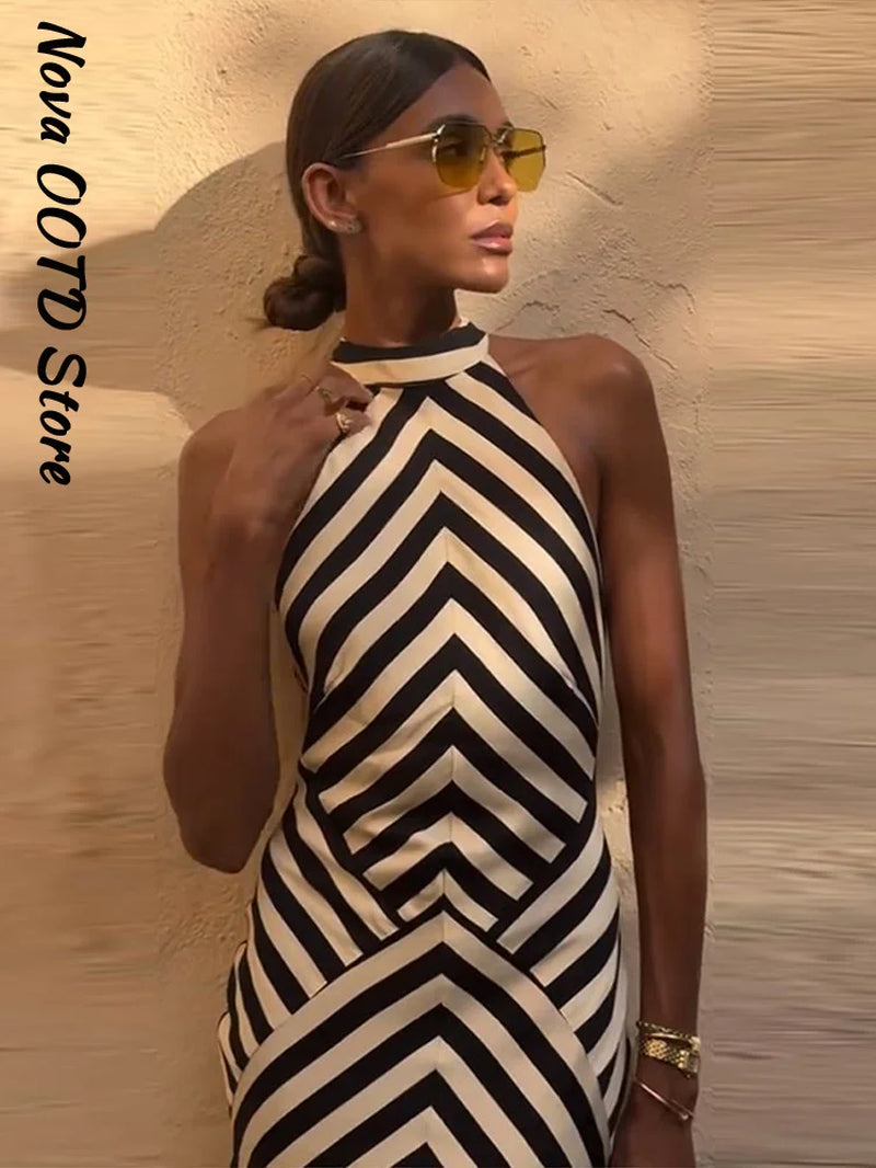 Backless Stripe Summer Dress Women Sleeveless Halter Long Casual Dresses Lady New Fashion Vacation Party Evening Robe 2026