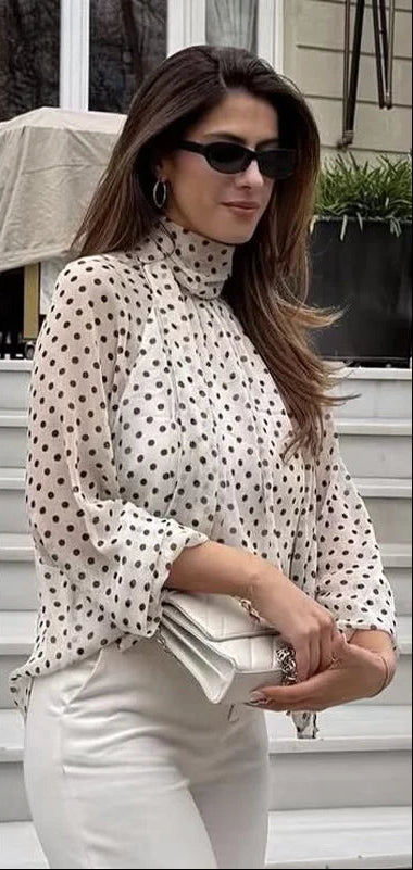 Elegant Loose Chiffon Polka Dot Shirts Women'S Lace-Up Blouses Female Shirt Casual Classic Tops Blouse White Black Brown Autumn