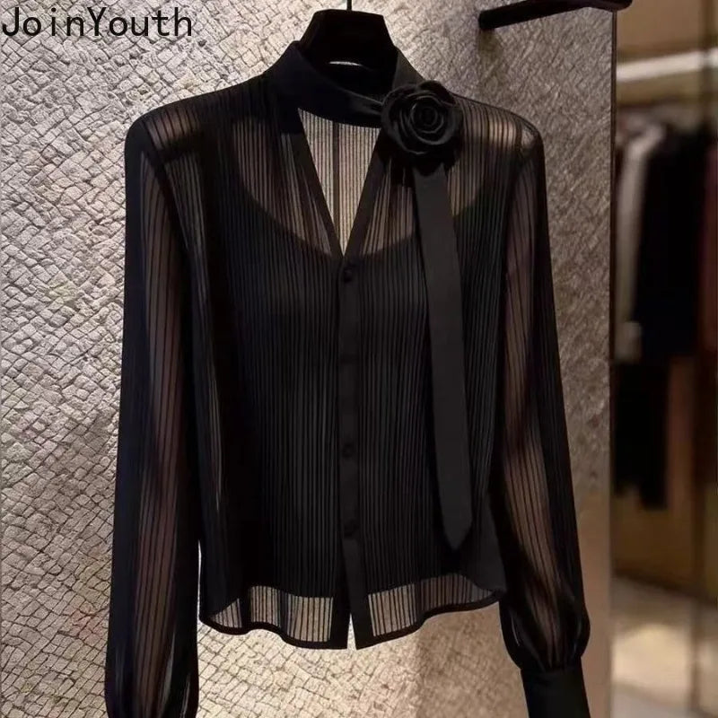 Black Blouses 2026 Blusas Mujer De Moda V-Neck Long Sleeve Temperament Lady Tops Chic 3D Floral See through Summer Loose Shirts
