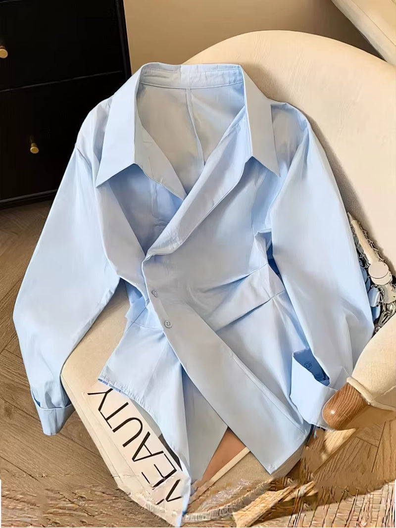 Designer Irregular Long Sleeve Polo Shirt Women Tunic White Elegant Basic Top Blouse Ladies Fashion Work Wear Shirts