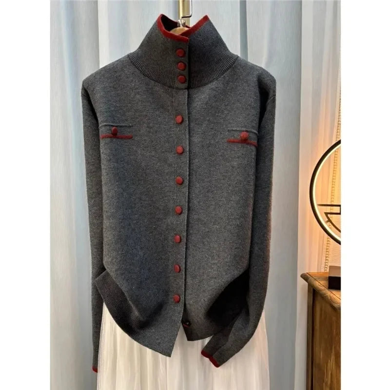 Autumn Ladies High Neck Patchwork Knitwear Femme Fashion Large Size 5XL Loose Knitting Women Single-Breasted Knitted Sweater Top
