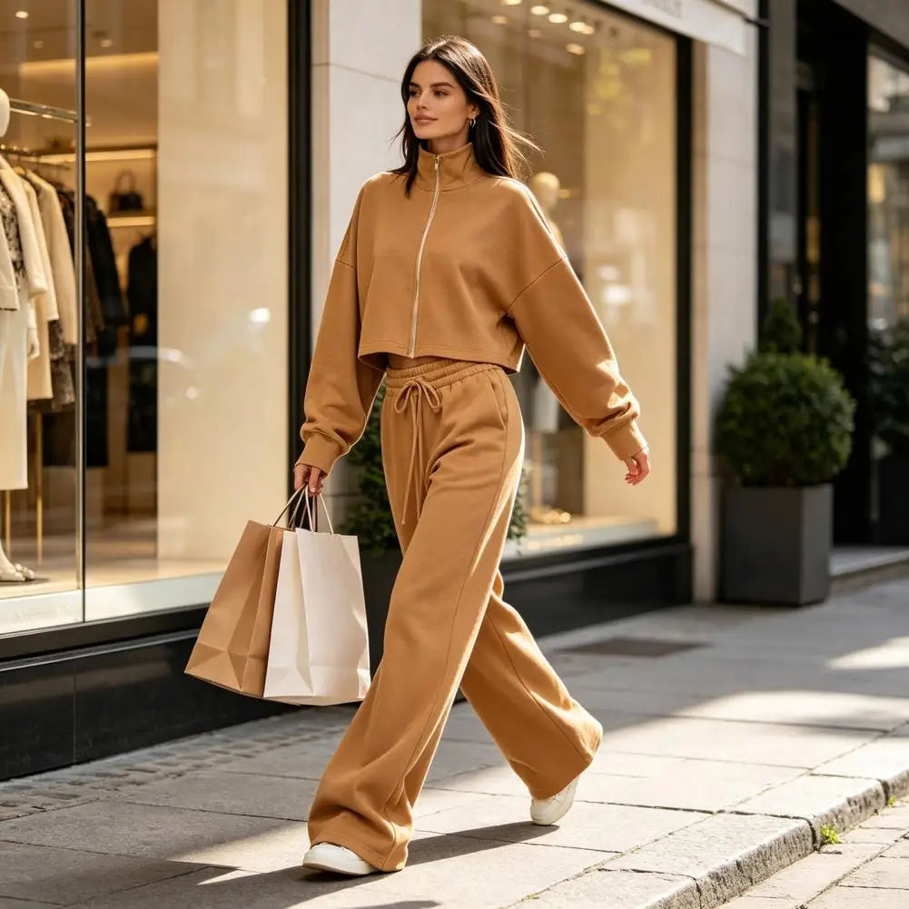 Drawstring Pants Women’S Fall Jacket Pants Set Stand Collar Zip-Up Outerwear Drawstring Wide Leg Two-Piece Suit for Ladies Two