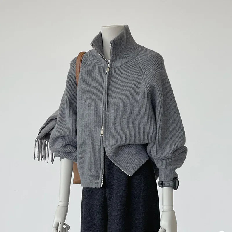 Double Zipper Gray Turtleneck Knitted Cardigan Women'S Autumn and Winter New Loose Lazy Wind Sweater Jacket Thickened Top