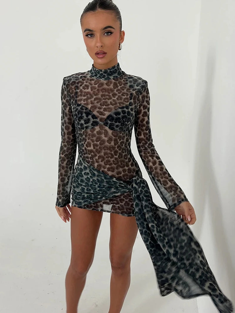 Turtleneck Sexy Sheer Print Leopard Bandage Women Dress Long Sleeve Mini Dress Lady Spring Slim Elegant Party Club Dress