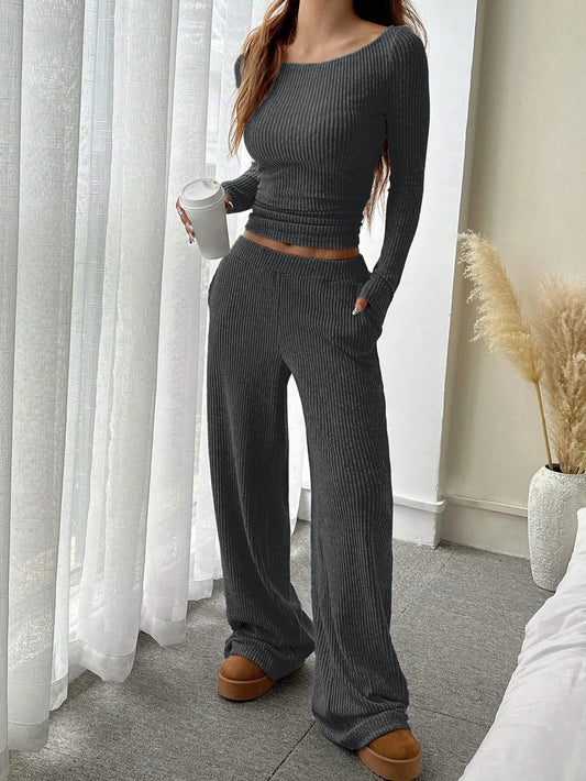 Women'S Solid-Color Ribbed Loose-Fit Crew-Neck Top and Pocketed Wide-Leg Pants Set