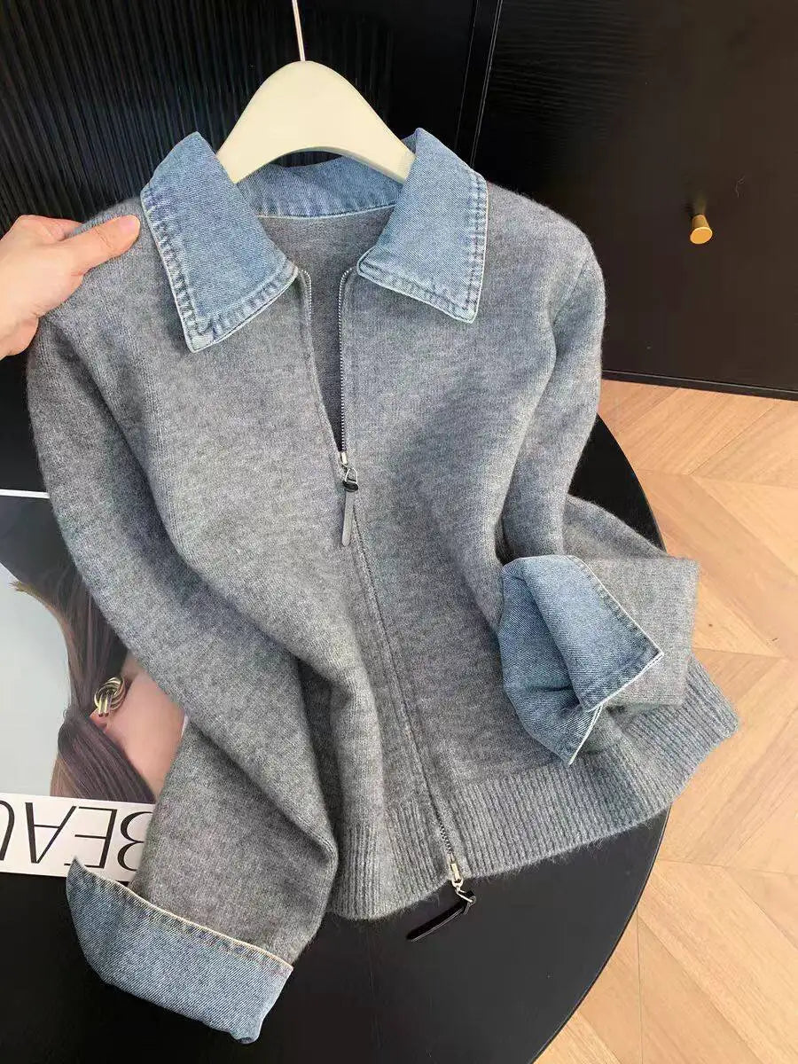 Lapel Collar Long Sleeve Denim Patchwork Cardigan Women Double Zipper Knit Sweater Coat Fake Two-Piece Sweater Fall Winter