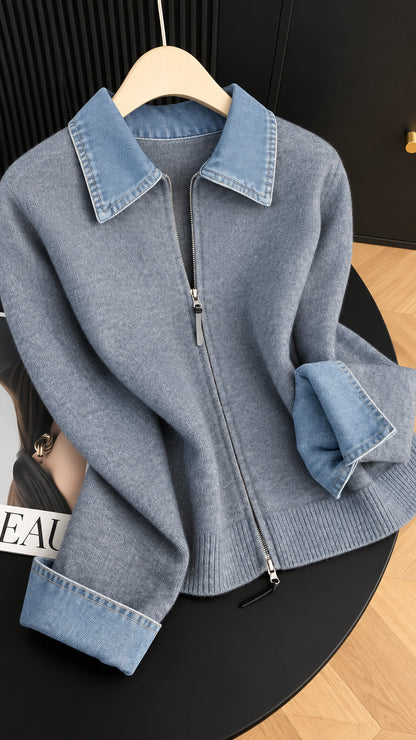 Lapel Collar Long Sleeve Denim Patchwork Cardigan Women Double Zipper Knit Sweater Coat Fake Two-Piece Sweater Fall Winter