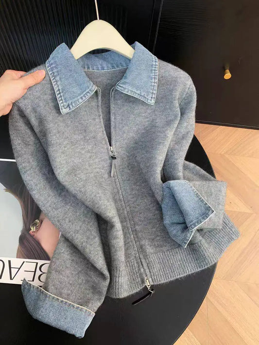 Lapel Collar Long Sleeve Denim Patchwork Cardigan Women Double Zipper Knit Sweater Coat Fake Two-Piece Sweater Fall Winter