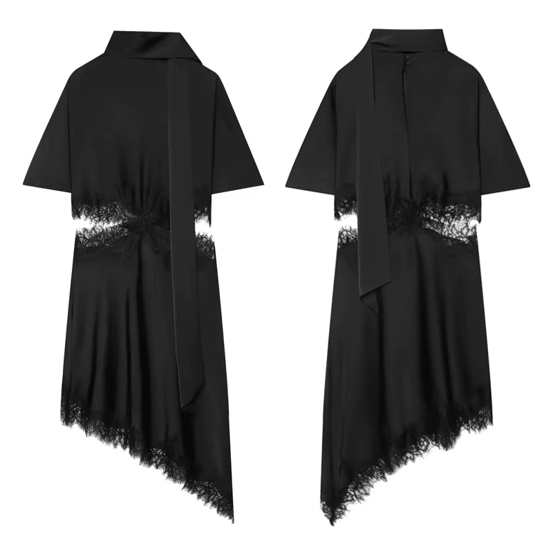 Lace Dresses for Woman Summer Black Midi Satin Dresses Female Asymmetric Short-Sleeved Dress Elegant Coquette Party Dress