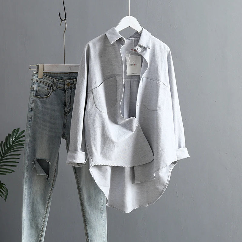 Low High Design Elegant Spring Summer Long Sleeve Shirts Women 2022 Korean Style Casual Double Pockets Design Blue Grey Blouses