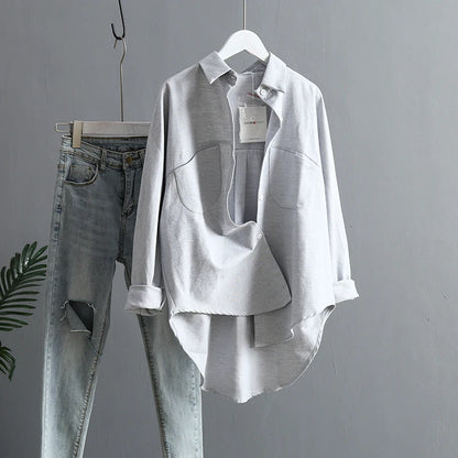 Low High Design Elegant Spring Summer Long Sleeve Shirts Women 2022 Korean Style Casual Double Pockets Design Blue Grey Blouses