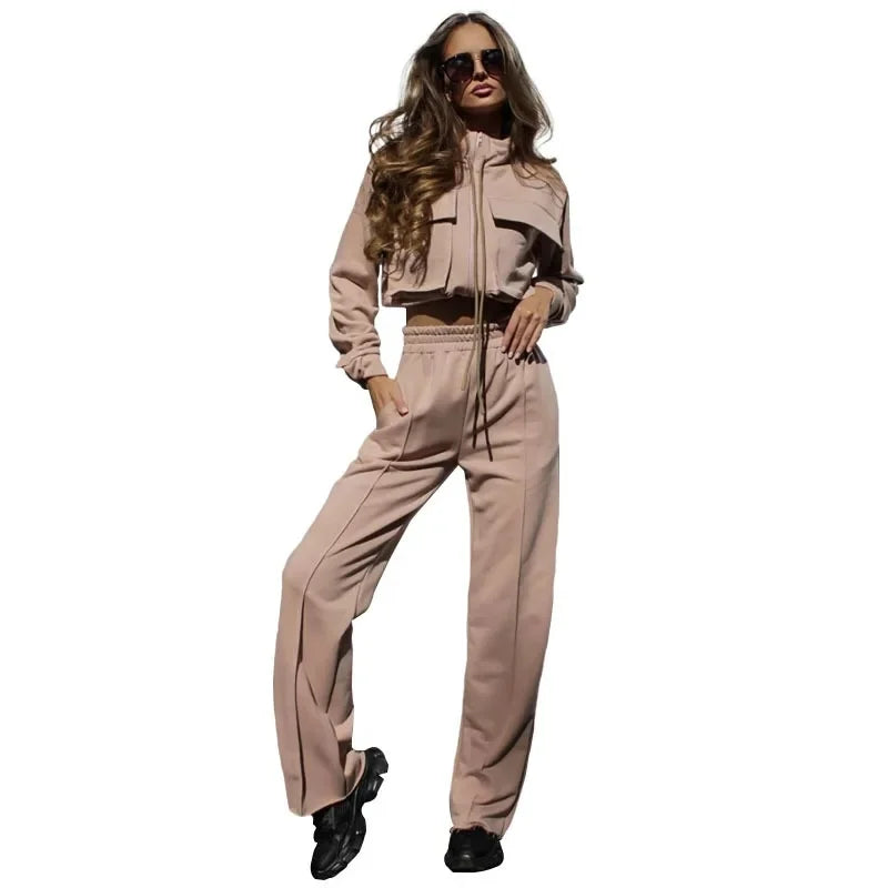 Autumn/Winter New Solid Color Zipper Double Bag Long Sleeve Top Fashionable Casual Trousers Suit Women'S