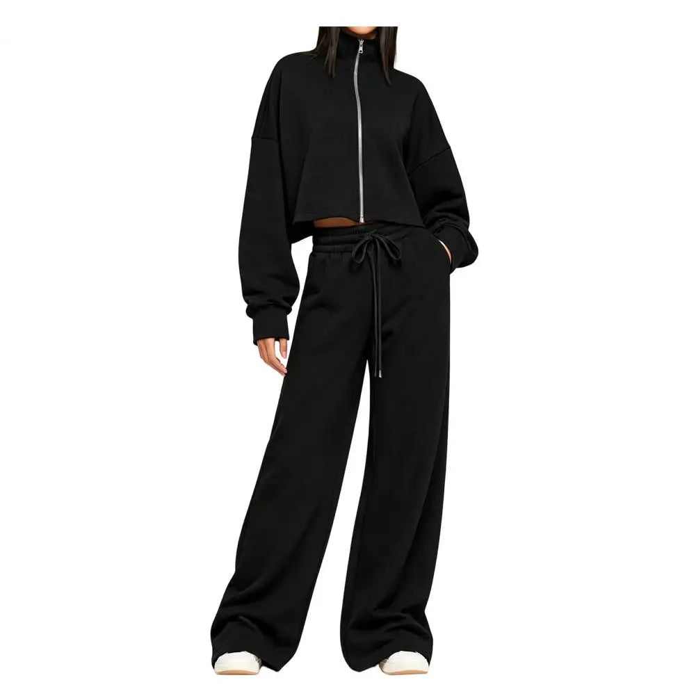 Drawstring Pants Women’S Fall Jacket Pants Set Stand Collar Zip-Up Outerwear Drawstring Wide Leg Two-Piece Suit for Ladies Two