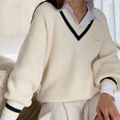 New Women'S Sweater Autumn Winter Knit Korean Streetwear Loose Pullover Sweatshirts Chic Tops Long Sleeve V-Neck Knitted Sweater