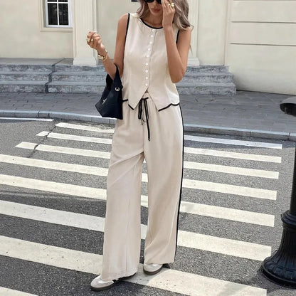 Women'S Contrast Sleeveless Button Vest & Drawstring Wide Leg Pants 2-Piece Set Summer Elegant Casual Streetwear Loose Suit