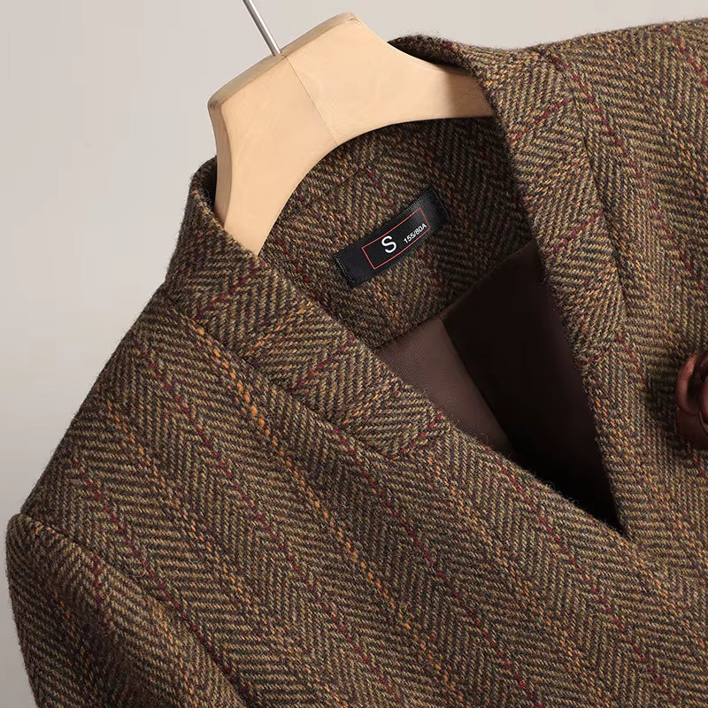 Small Fragrant Style Wool Woolen Blazer Women Autumn Winter Jacket New Striped Suit Top Winter Thicken Coat Lady Office Blazers