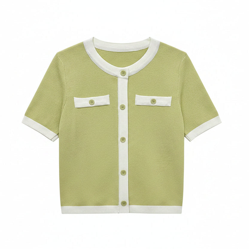 Loose Ice Silk Short Sleeve T-Shirt Women'S Summer New Style Small Fragrance Knitted Shirt round Neck Color Block Commute Style