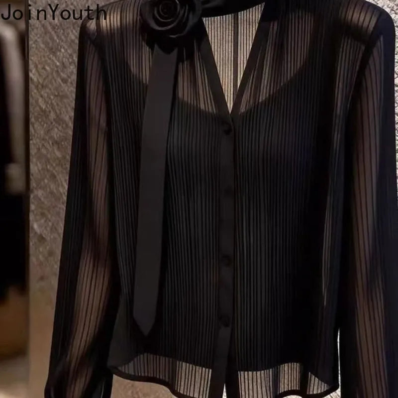 Black Blouses 2026 Blusas Mujer De Moda V-Neck Long Sleeve Temperament Lady Tops Chic 3D Floral See through Summer Loose Shirts