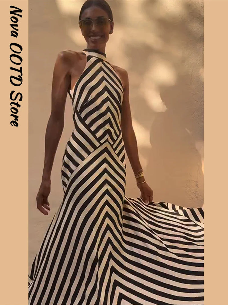 Backless Stripe Summer Dress Women Sleeveless Halter Long Casual Dresses Lady New Fashion Vacation Party Evening Robe 2026