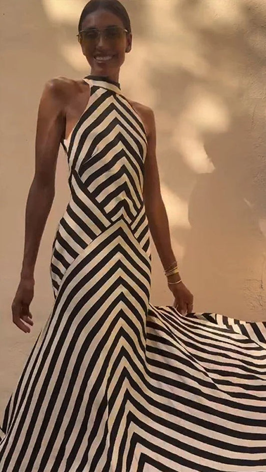 Backless Stripe Summer Dress Women Sleeveless Halter Long Casual Dresses Lady New Fashion Vacation Party Evening Robe 2026