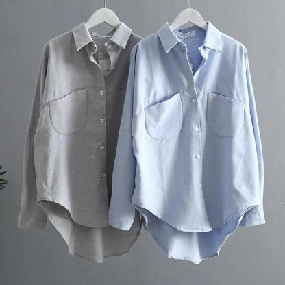 Low High Design Elegant Spring Summer Long Sleeve Shirts Women 2022 Korean Style Casual Double Pockets Design Blue Grey Blouses