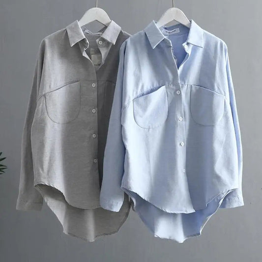 Low High Design Elegant Spring Summer Long Sleeve Shirts Women 2022 Korean Style Casual Double Pockets Design Blue Grey Blouses