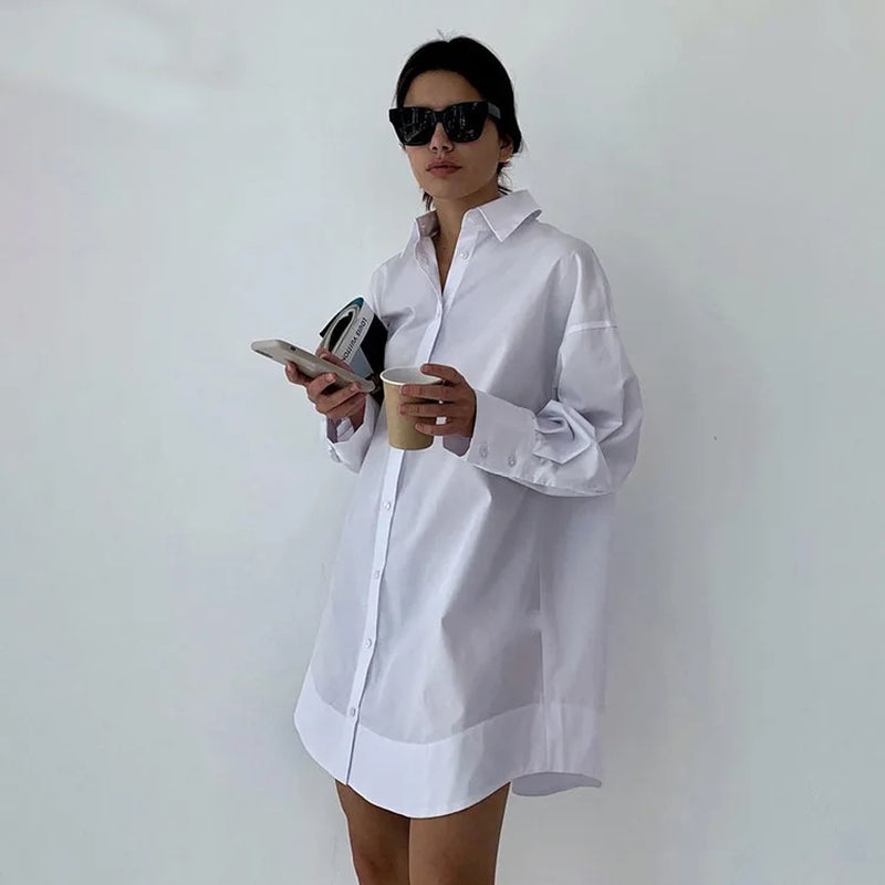 Autumn 2025 Minimalist Women'S White Long Shirt Oversize Full Sleeve Patchwork Button-Up Work Blouse Female Clothing